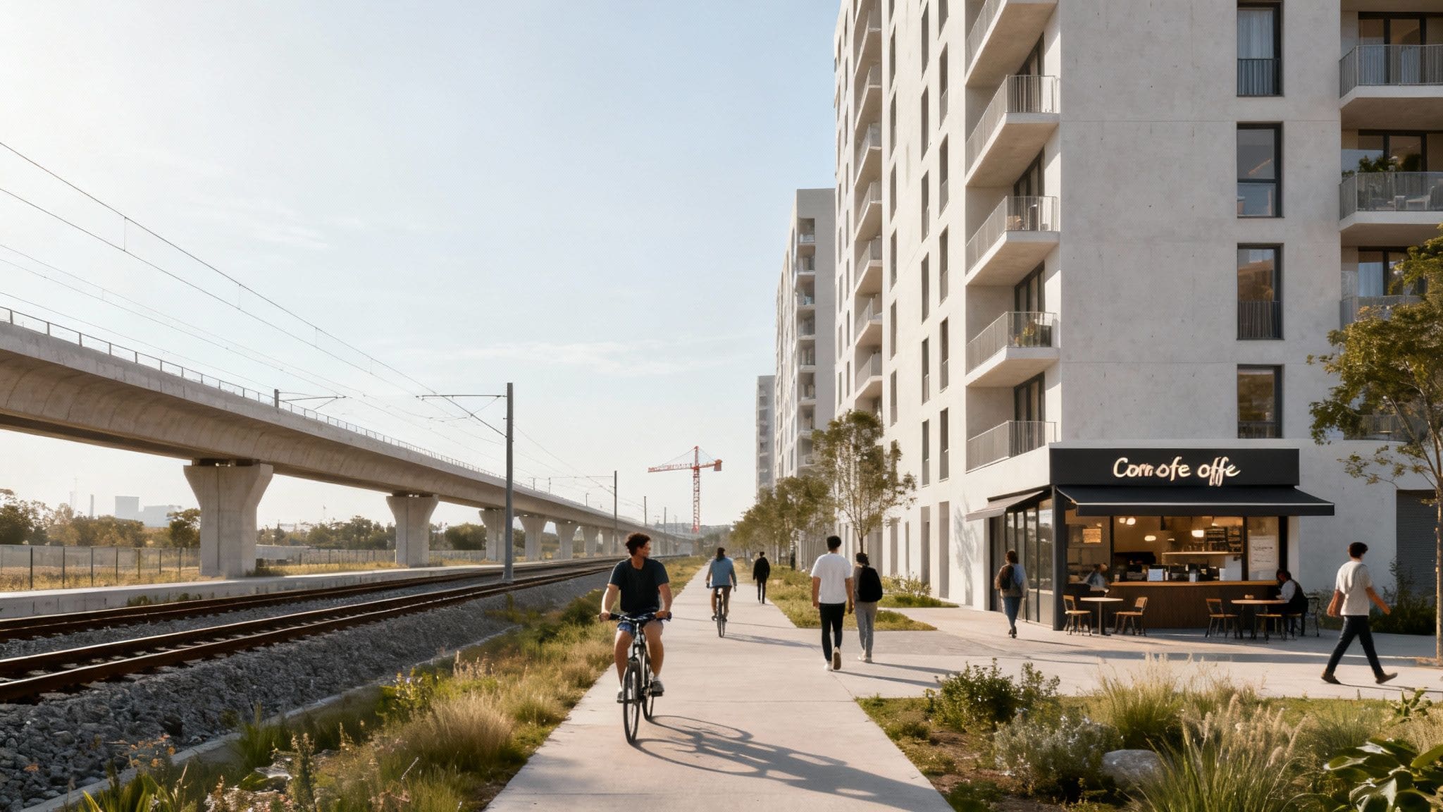 Modern London urban regeneration area with pedestrians cycling past contemporary apartment buildings and cafes
