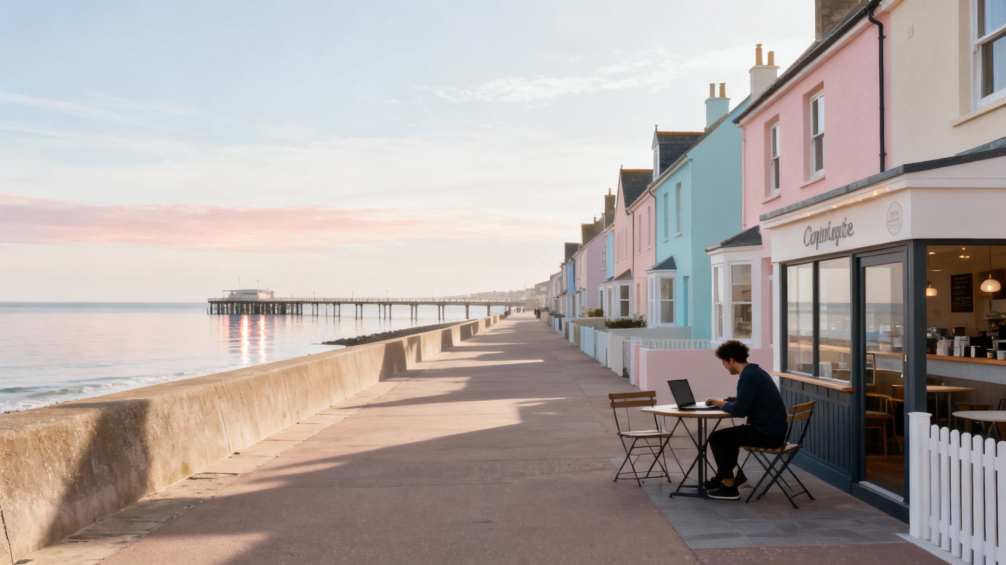 Remote worker using laptop at outdoor seaside cafe with colorful promenade and historic pier at sunset