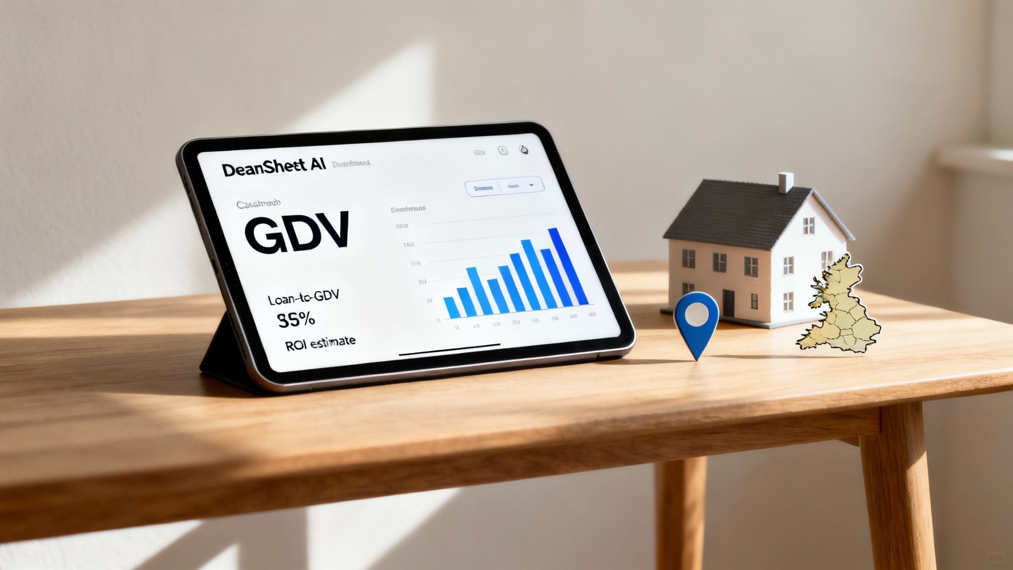 Digital tablet displaying GDV analysis dashboard with loan-to-GDV percentage, bar charts, and property model with UK map