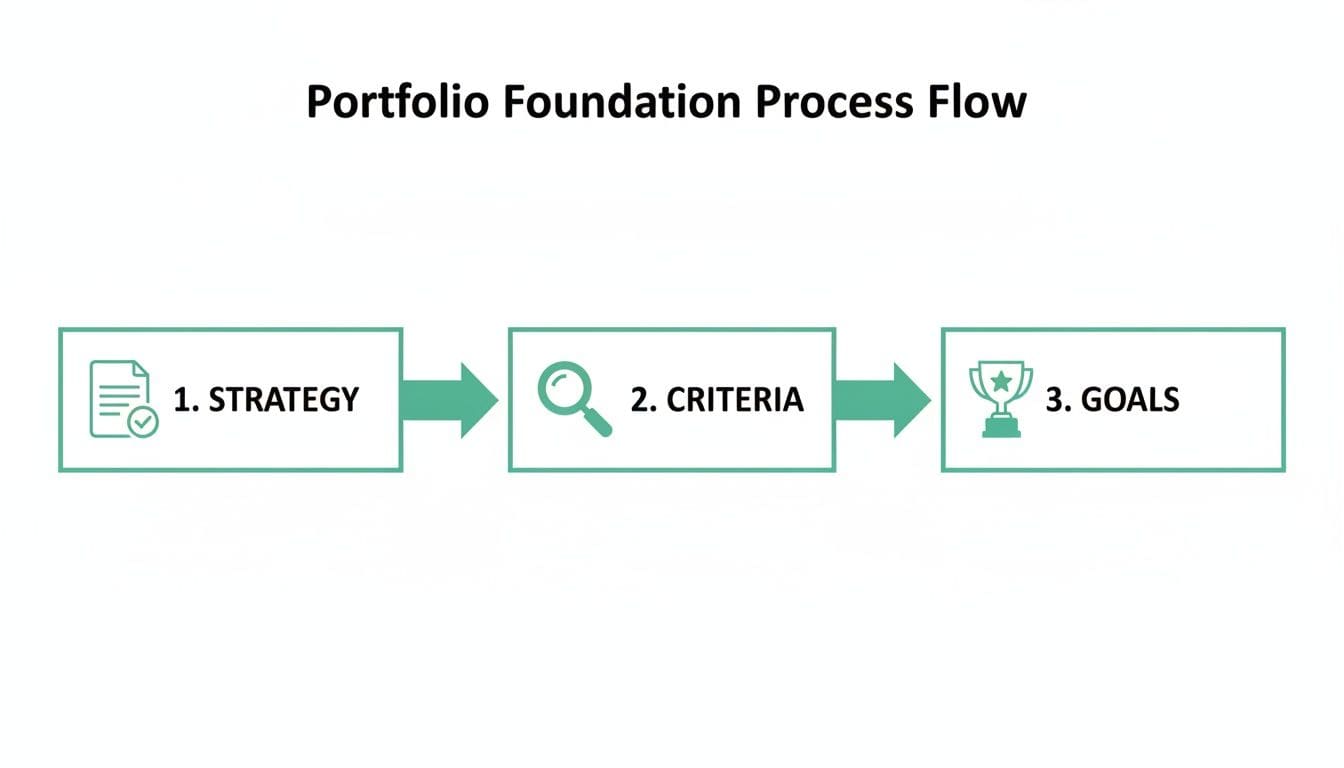 Process flow diagram showing portfolio foundation steps: strategy, investment criteria, and goals for managing a UK property portfolio