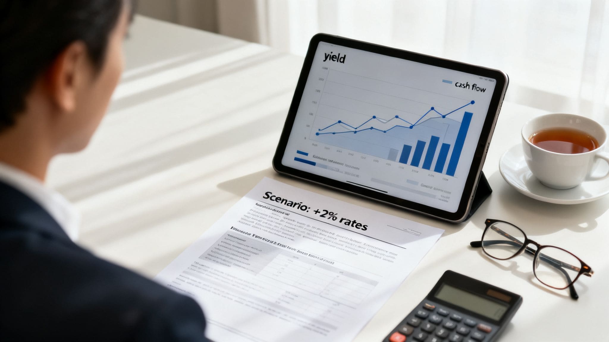 Property investor analysing rental yield and cash flow on tablet with stress-test scenario document for portfolio performance