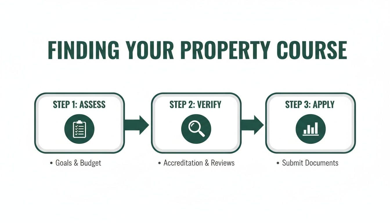 Flowchart showing three steps to choosing a UK property investing course: assess curriculum, verify instructor credibility, and apply learning to real deals