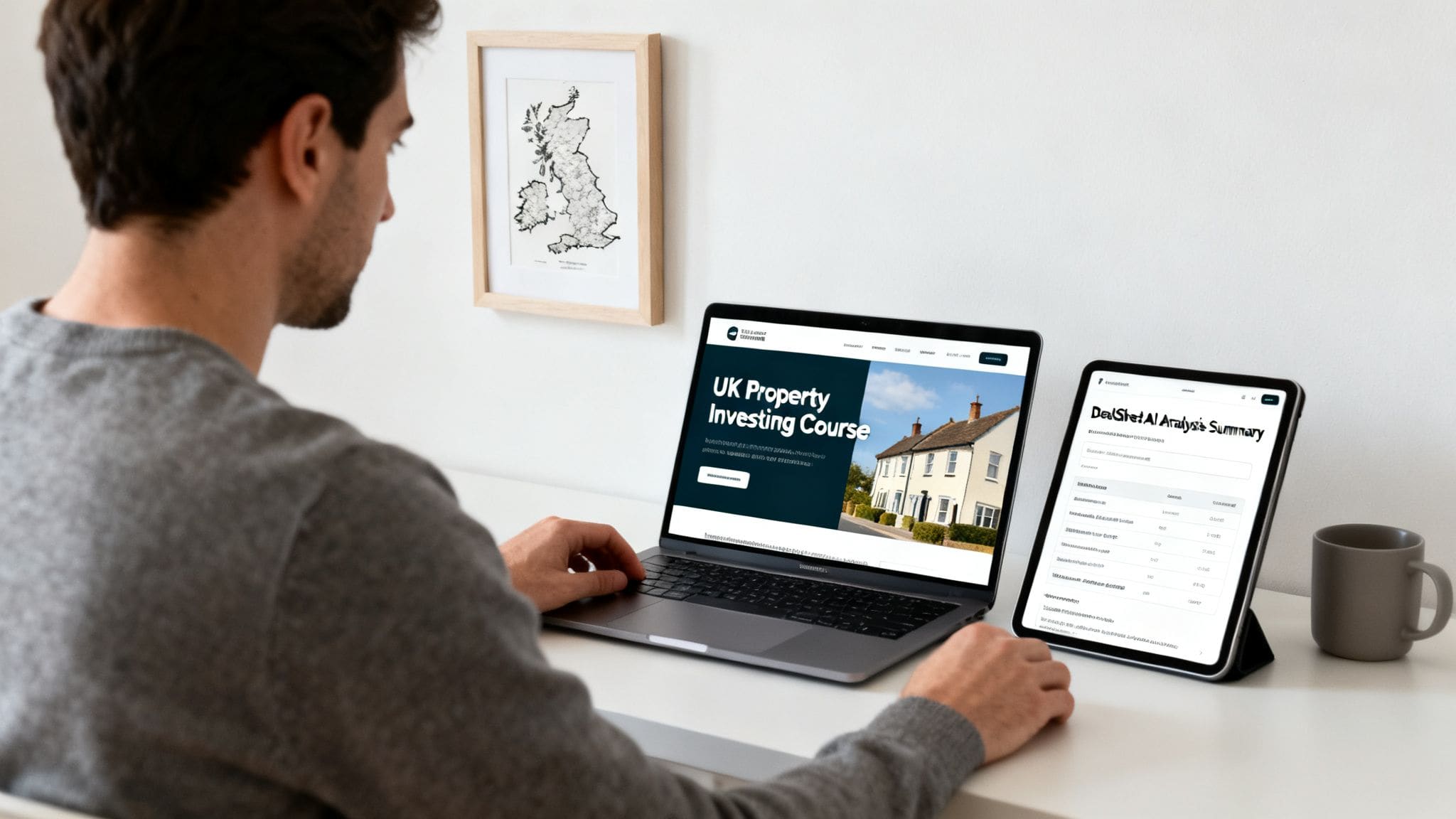 Investor reviewing UK property investing course on laptop with deal analysis summary on tablet