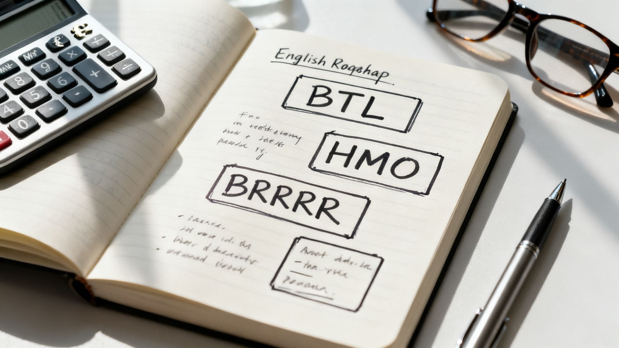 Notebook with handwritten UK property investment notes on BTL, HMO and BRRRR strategies with calculator and pen