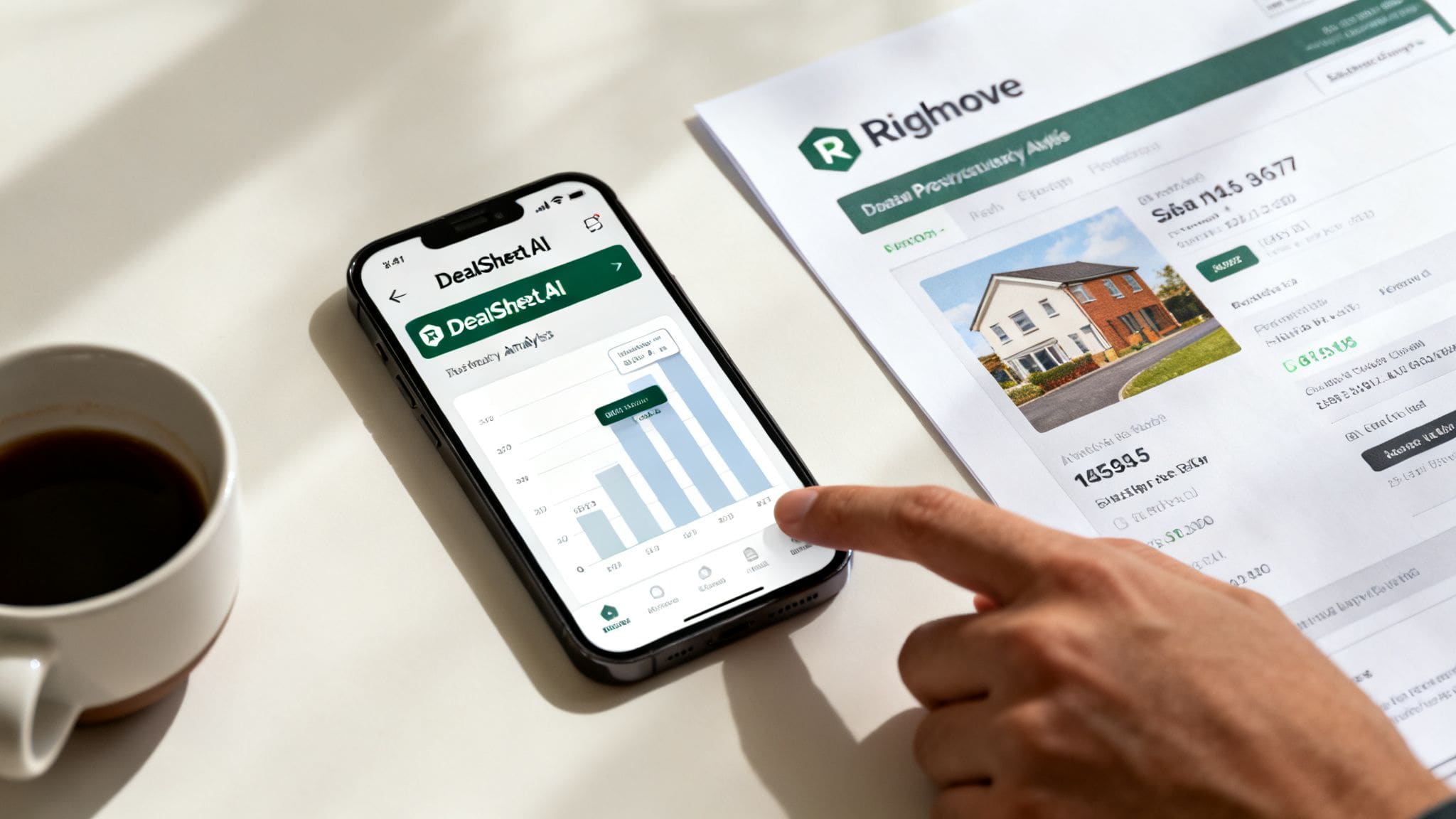 Property investor reviewing deal analysis on DealSheet AI app alongside Rightmove listing