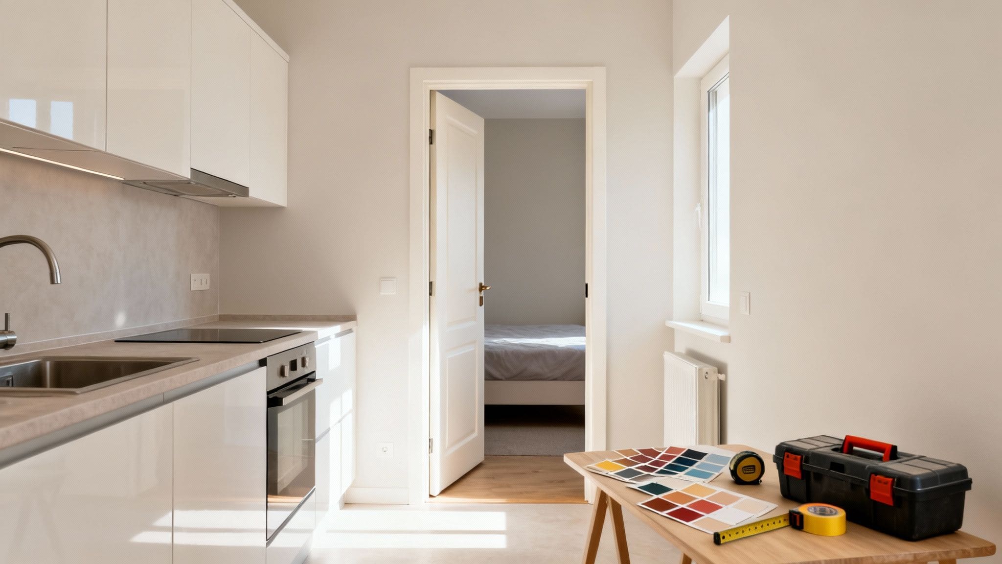 Property investor reviewing financial documents with calculator and laptop showing rental yield analysis on desk