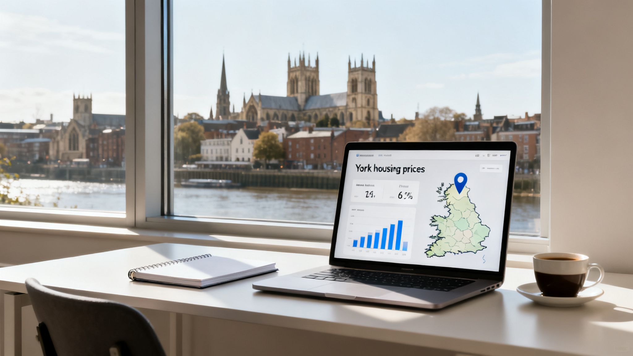 Laptop showing York housing prices data on desk with city view for UK property market analysis