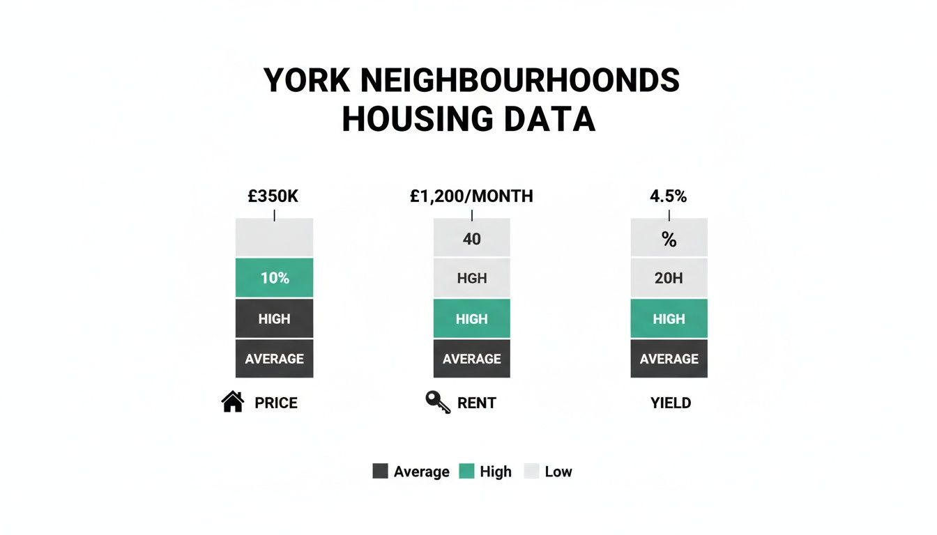 Bar chart comparing York housing price, rent and yield across average, high and low segments