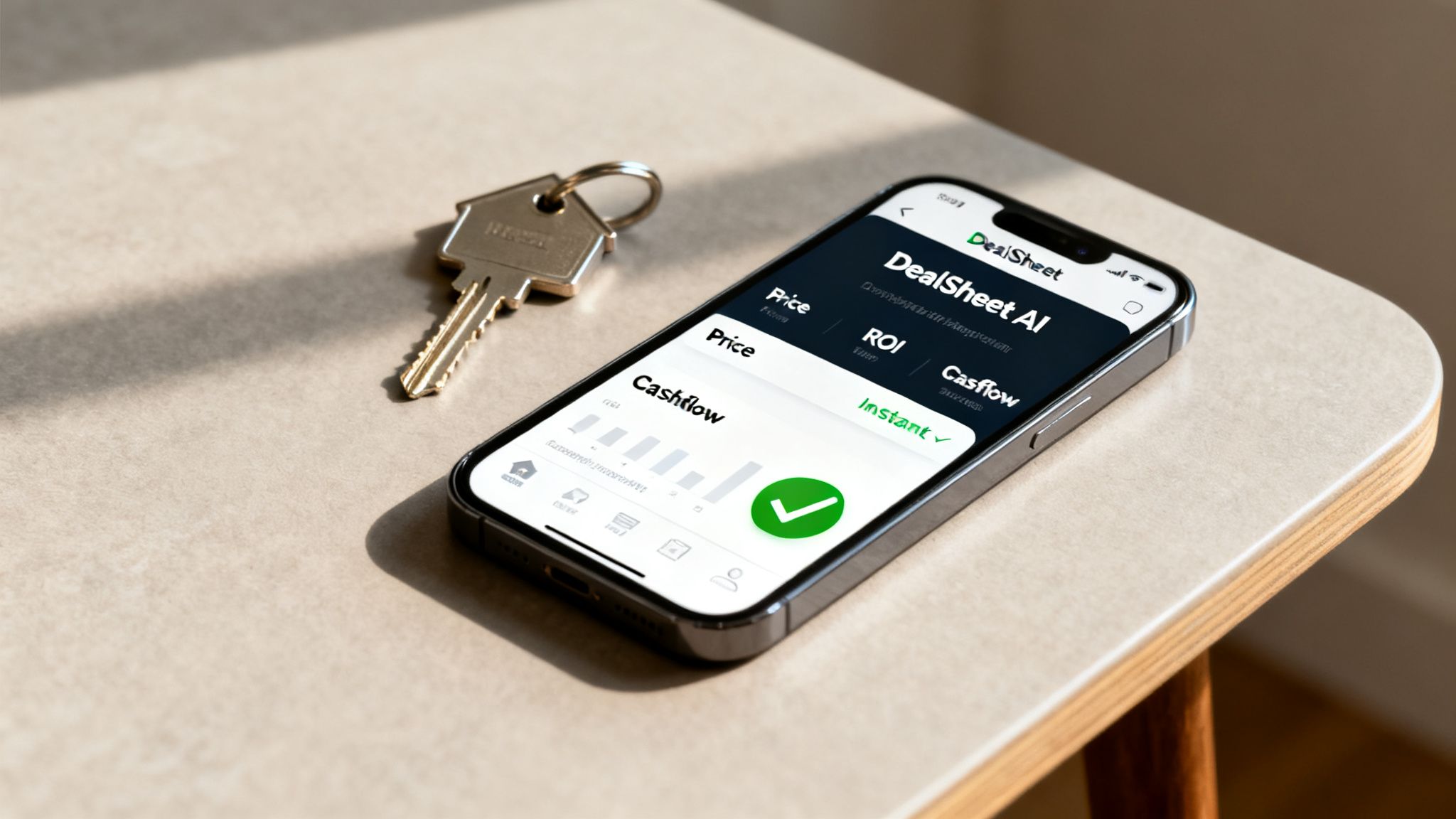 Smartphone displaying DealSheet AI app with York property deal analysis and financial metrics