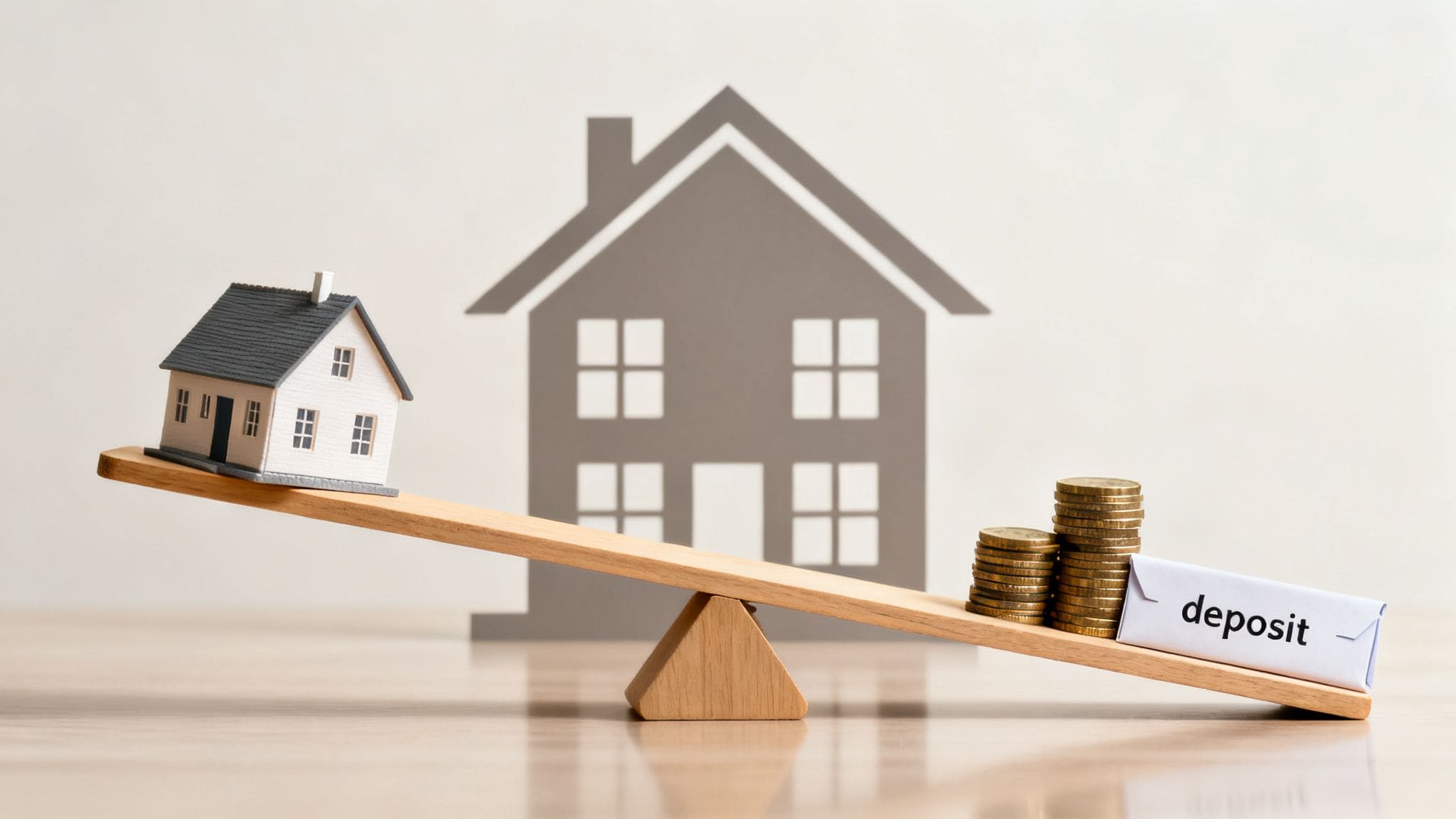 Miniature house balanced on seesaw with coin stacks representing deposit for UK property loan to value ratio