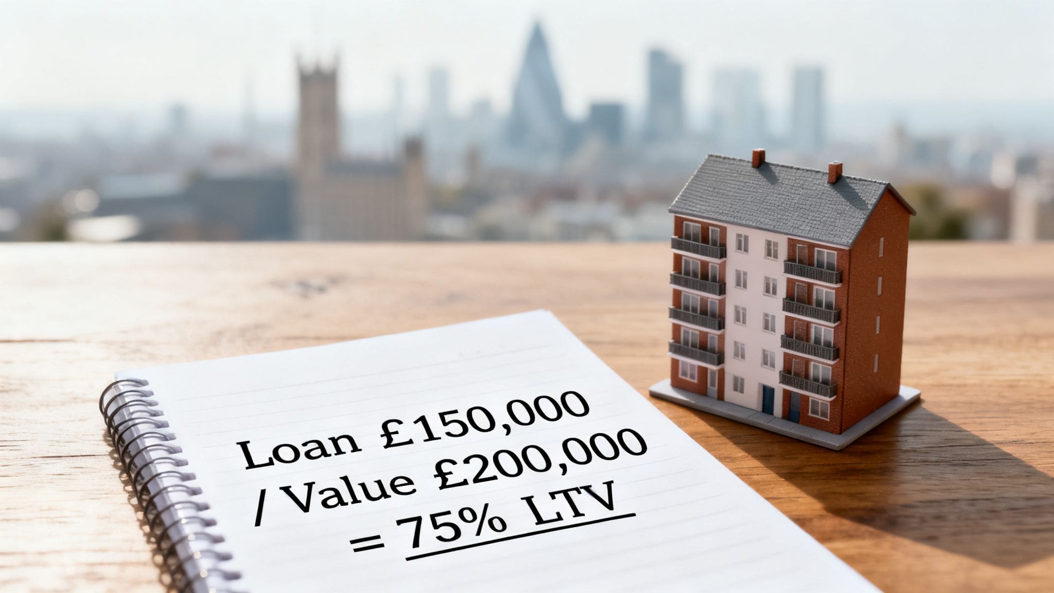 Model house with notebook showing loan to value calculation for UK property investment