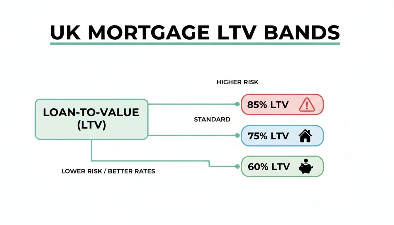 Diagram showing UK mortgage LTV bands from 60% to 85% with risk levels for property investors