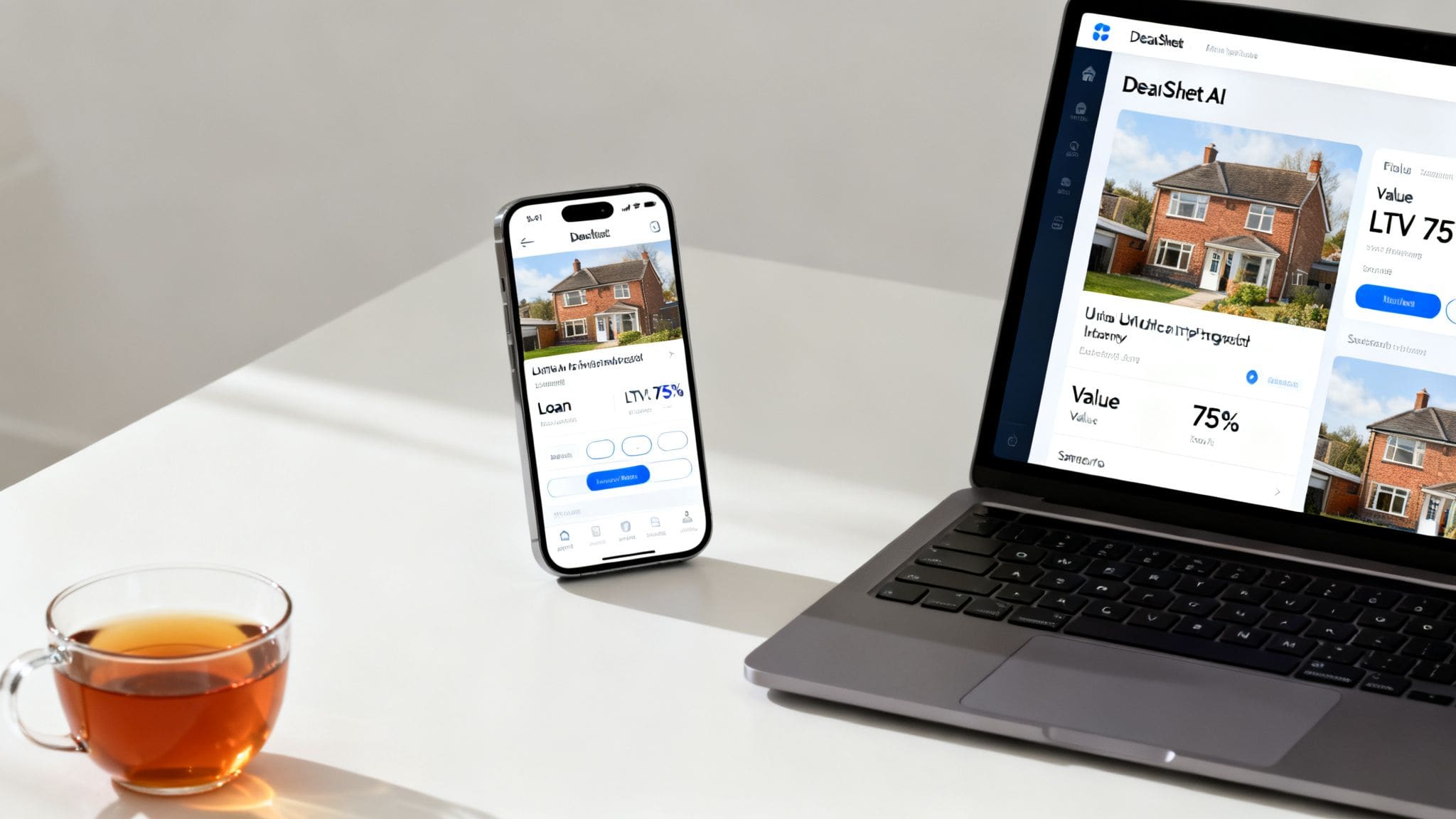 Modern workspace with laptop and smartphone displaying property loan analysis app for UK investors