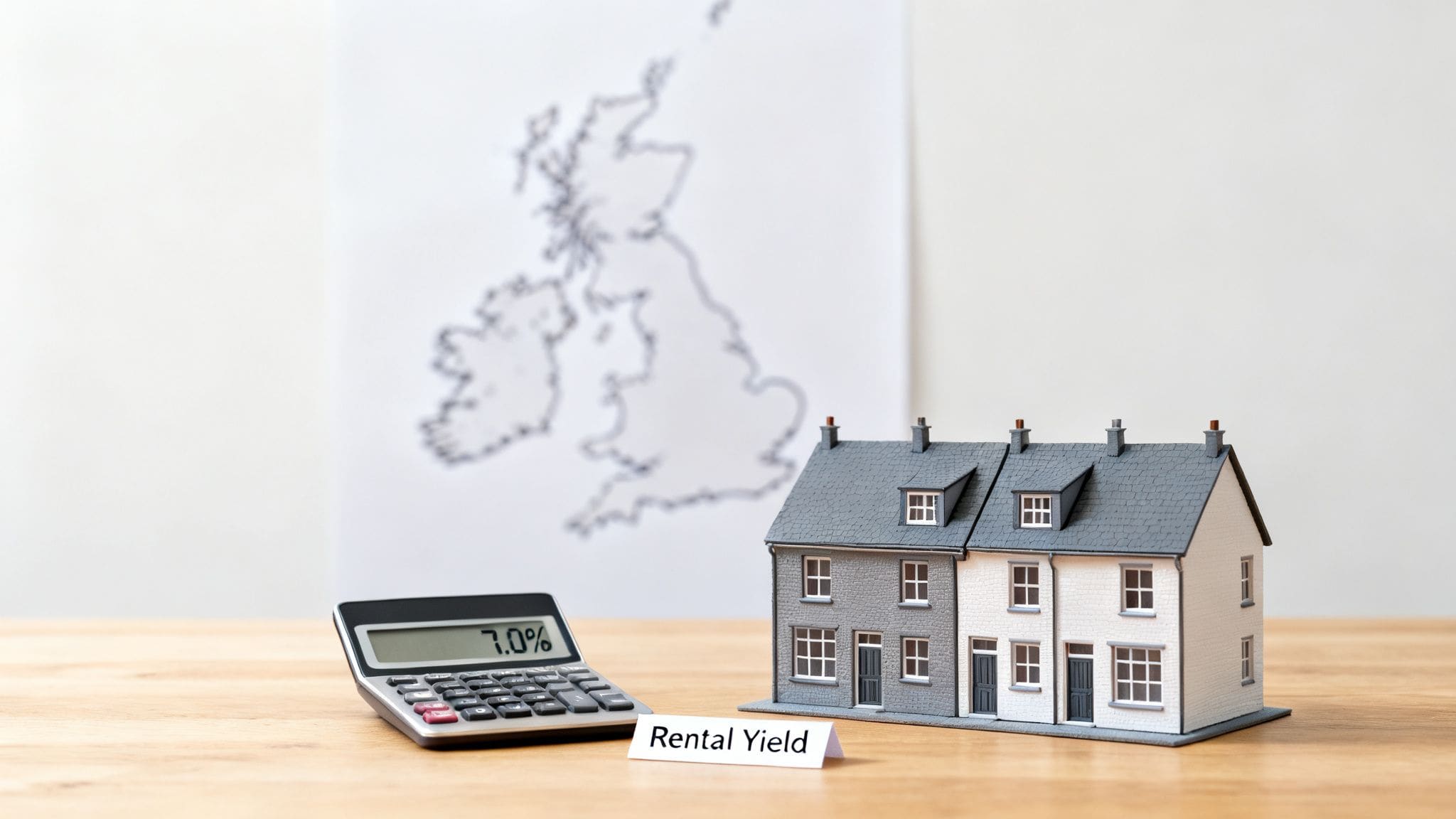 Calculator showing 7.0% rental yield with miniature houses on UK map for property investment analysis