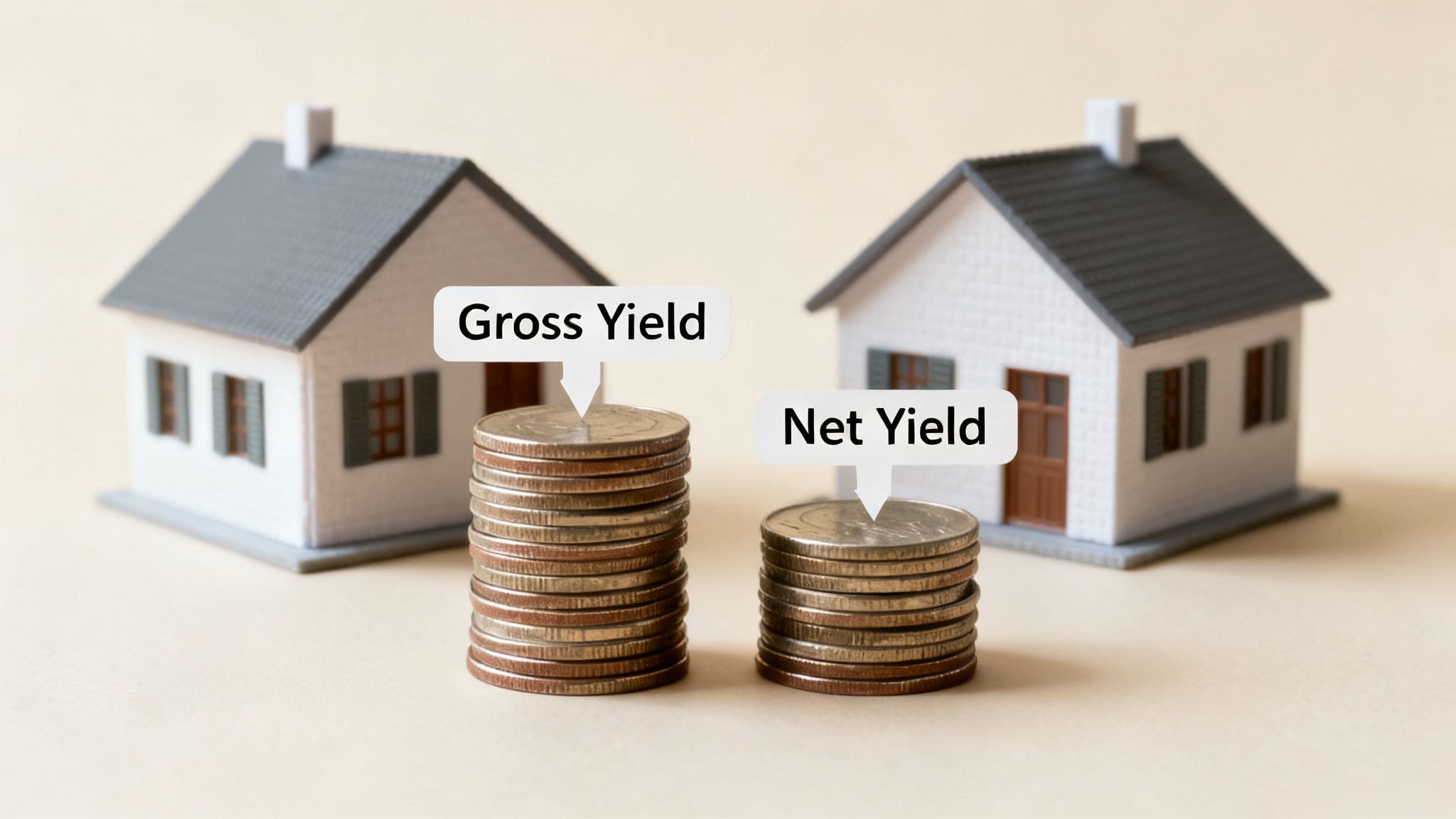 Miniature houses with coin stacks showing gross yield versus net yield for UK property investment returns