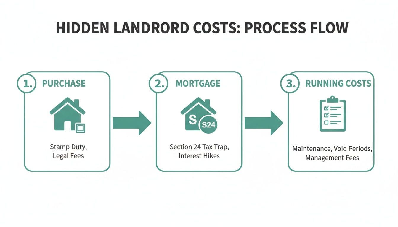 Flow diagram showing UK landlord costs from purchase through mortgage to running expenses for rental yield calculation
