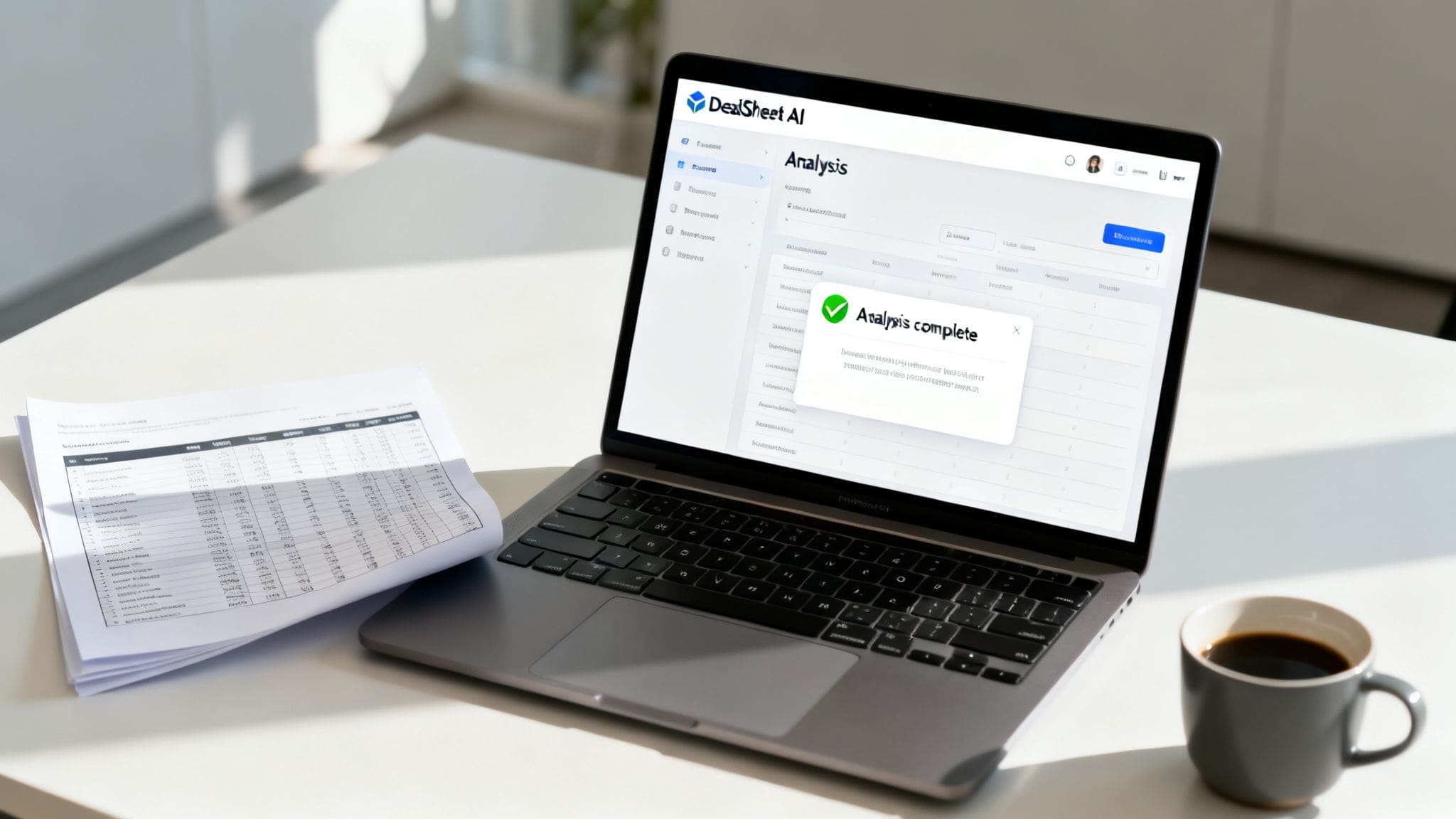 Laptop displaying DealSheet AI analysis complete notification with financial documents for UK property investment
