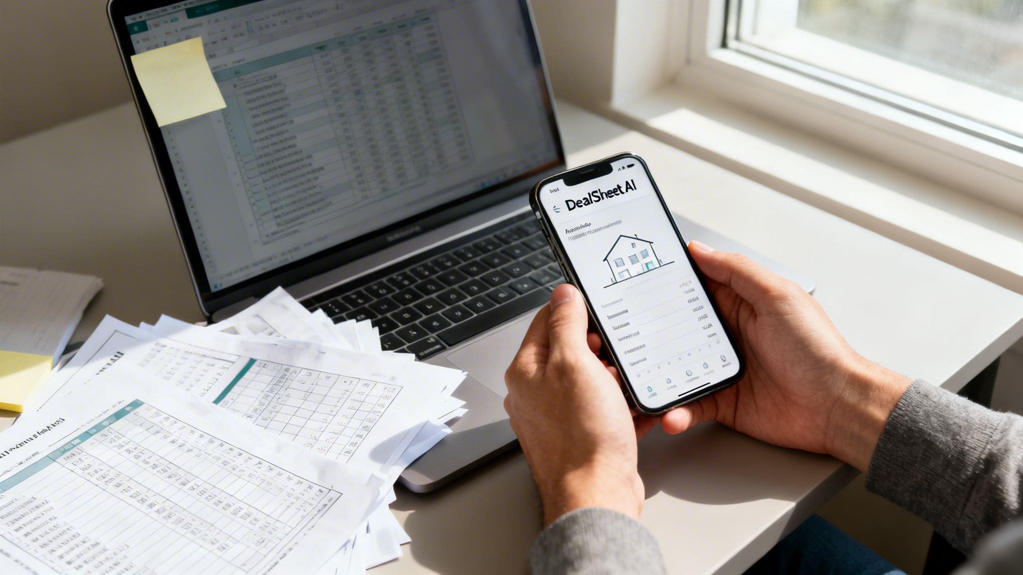 Person using DealSheet AI app on smartphone with laptop showing Rightmove property deal analysis