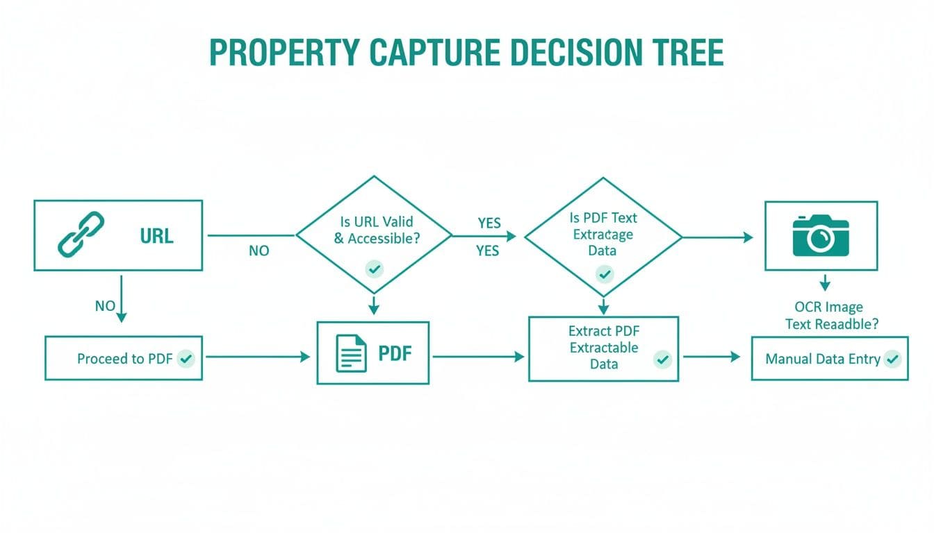 Decision tree diagram for property data capture from URL, PDF and manual entry for UK property analysis