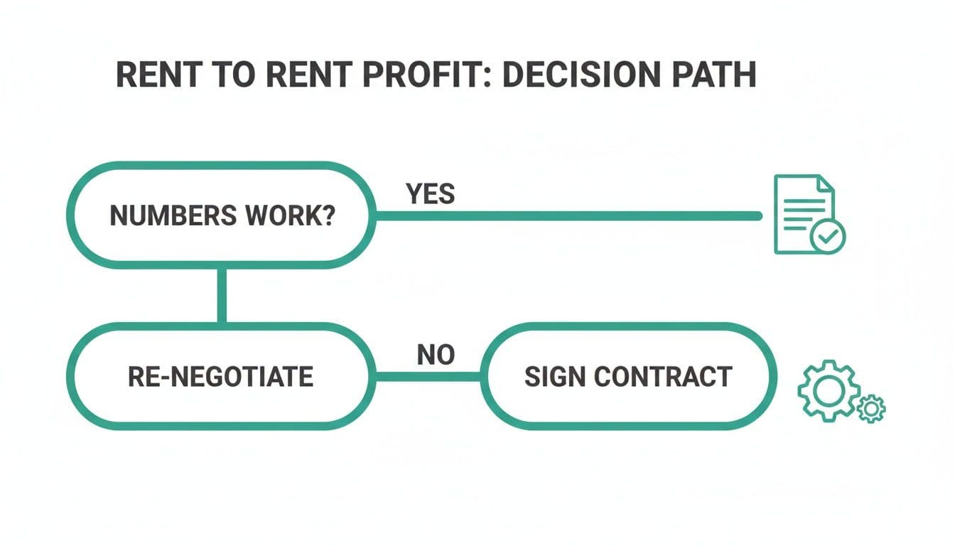 Flowchart showing rent to rent profit decision path from property analysis to contract negotiation for UK property investors