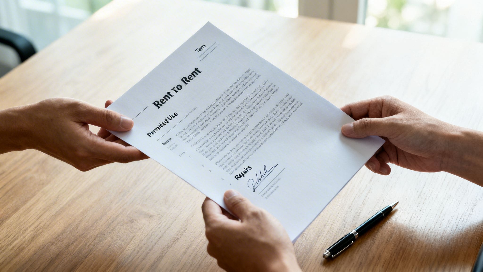 Two people exchanging rent to rent contract document for UK property subletting agreement