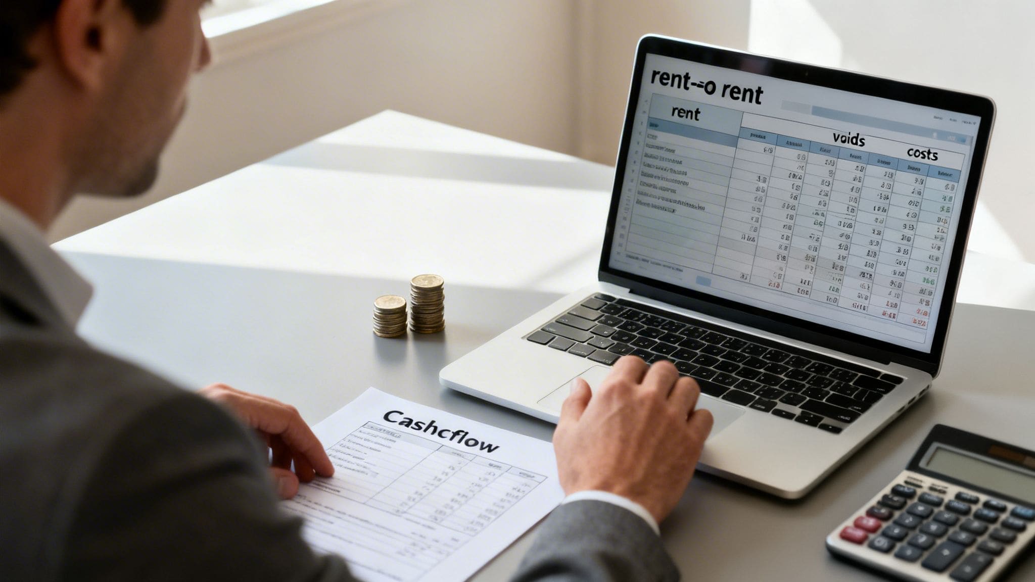 Property investor analysing rent to rent finances with cashflow document and calculator for UK deal profitability