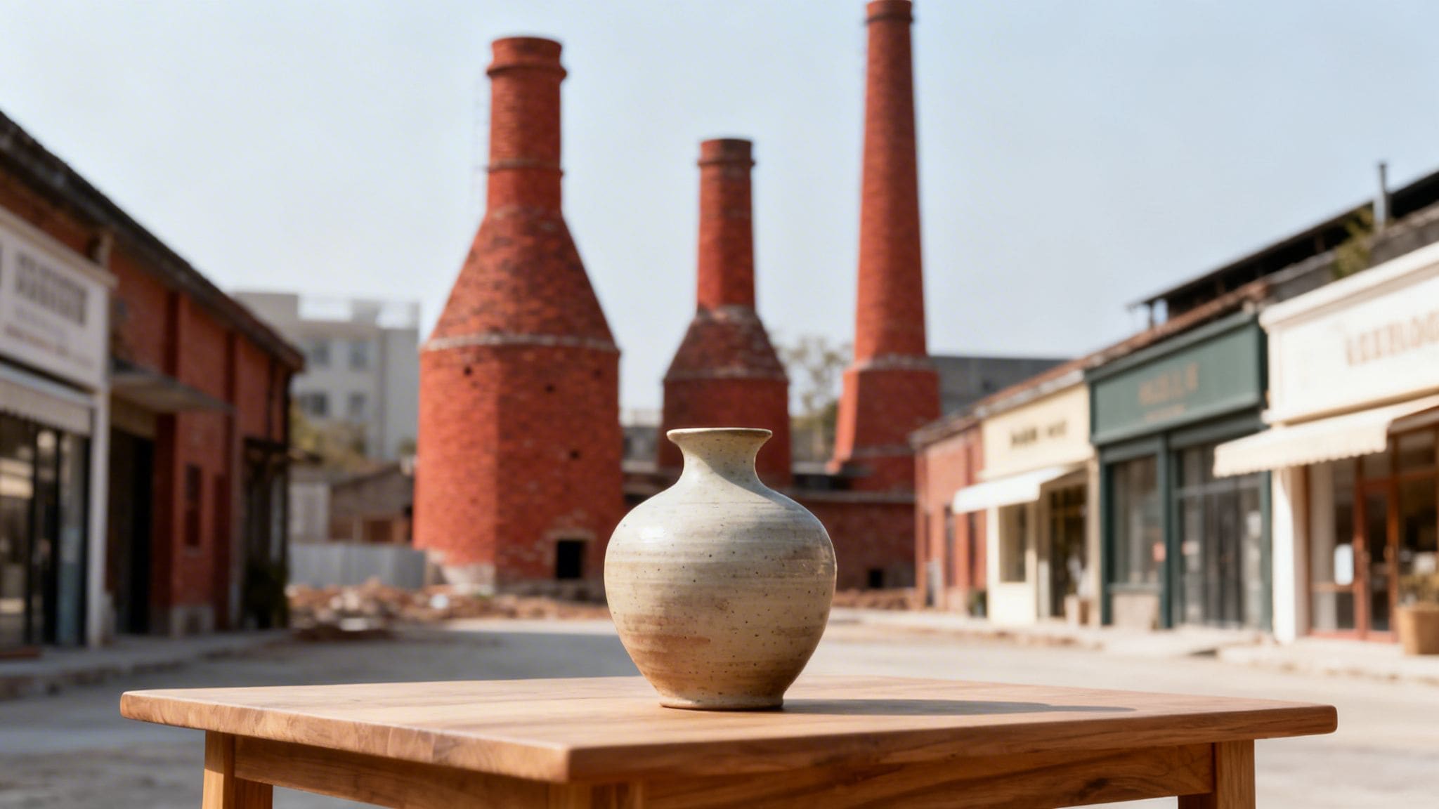 Handcrafted ceramic pottery with historic brick kilns showing Stoke-on-Trent UK cheapest council tax area for property investors