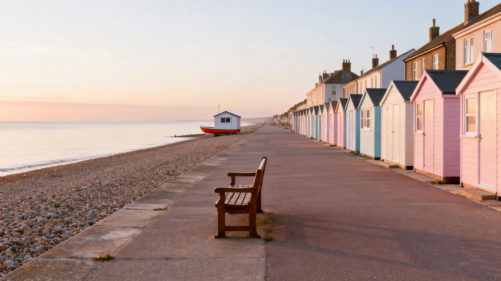 Sunrise beach scene with colorful huts in East Yorkshire showing UK low council tax coastal area for property investment