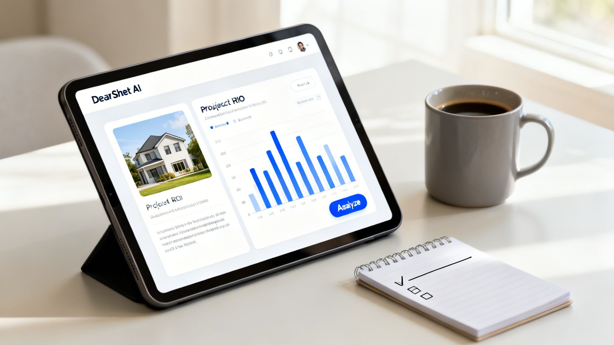 Tablet showing property investment app with financial charts and analysis for UK off plan deal evaluation