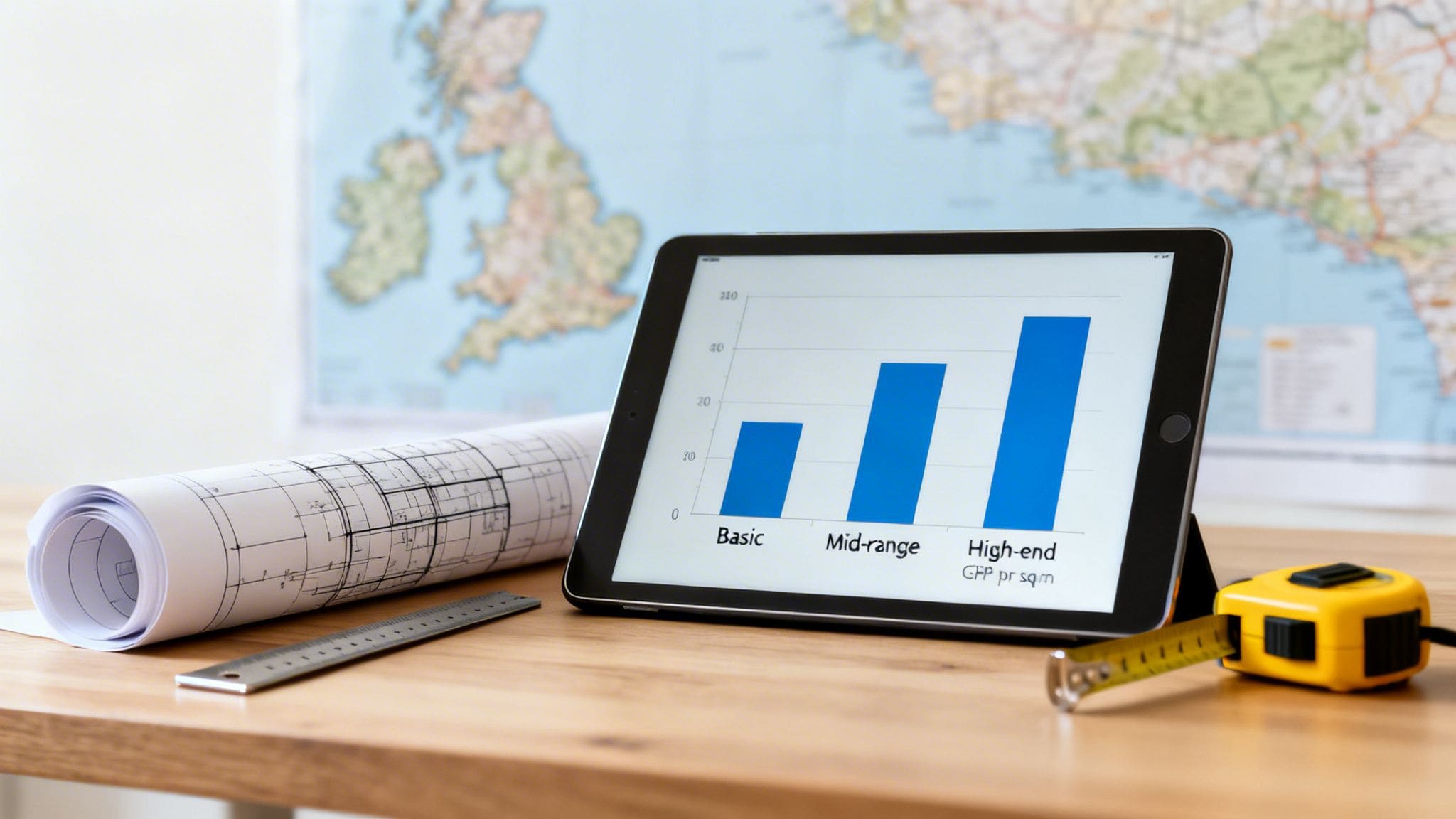 Tablet showing bar chart of UK building costs per square metre with blueprints and construction tools