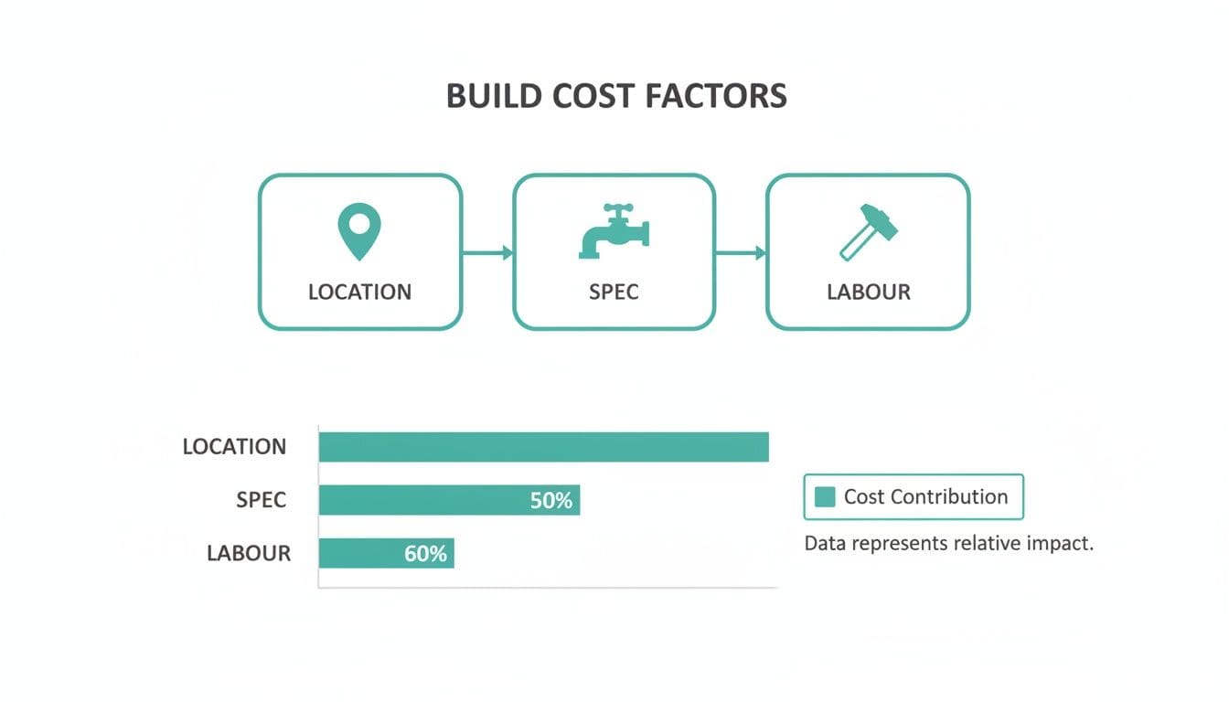Diagram showing build cost factors including location, specification and labour with impact bar chart for UK property development