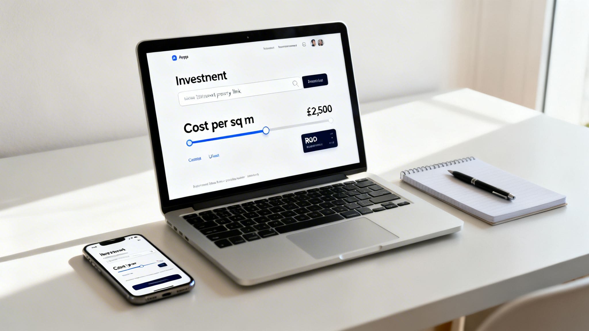 Laptop and smartphone displaying property development financial app for UK building cost analysis per square metre