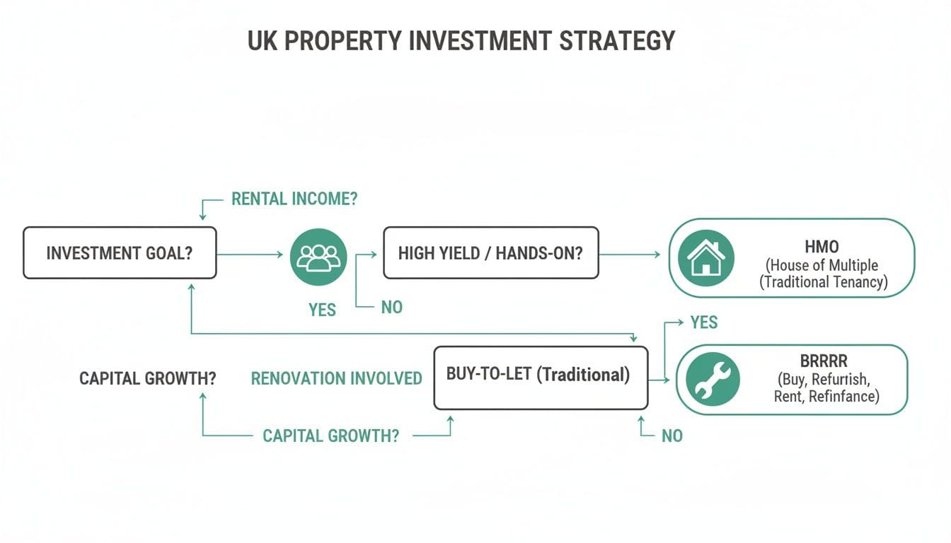 Flowchart showing UK property investment strategy decision tree based on income goals, capital growth, and investor involvement level
