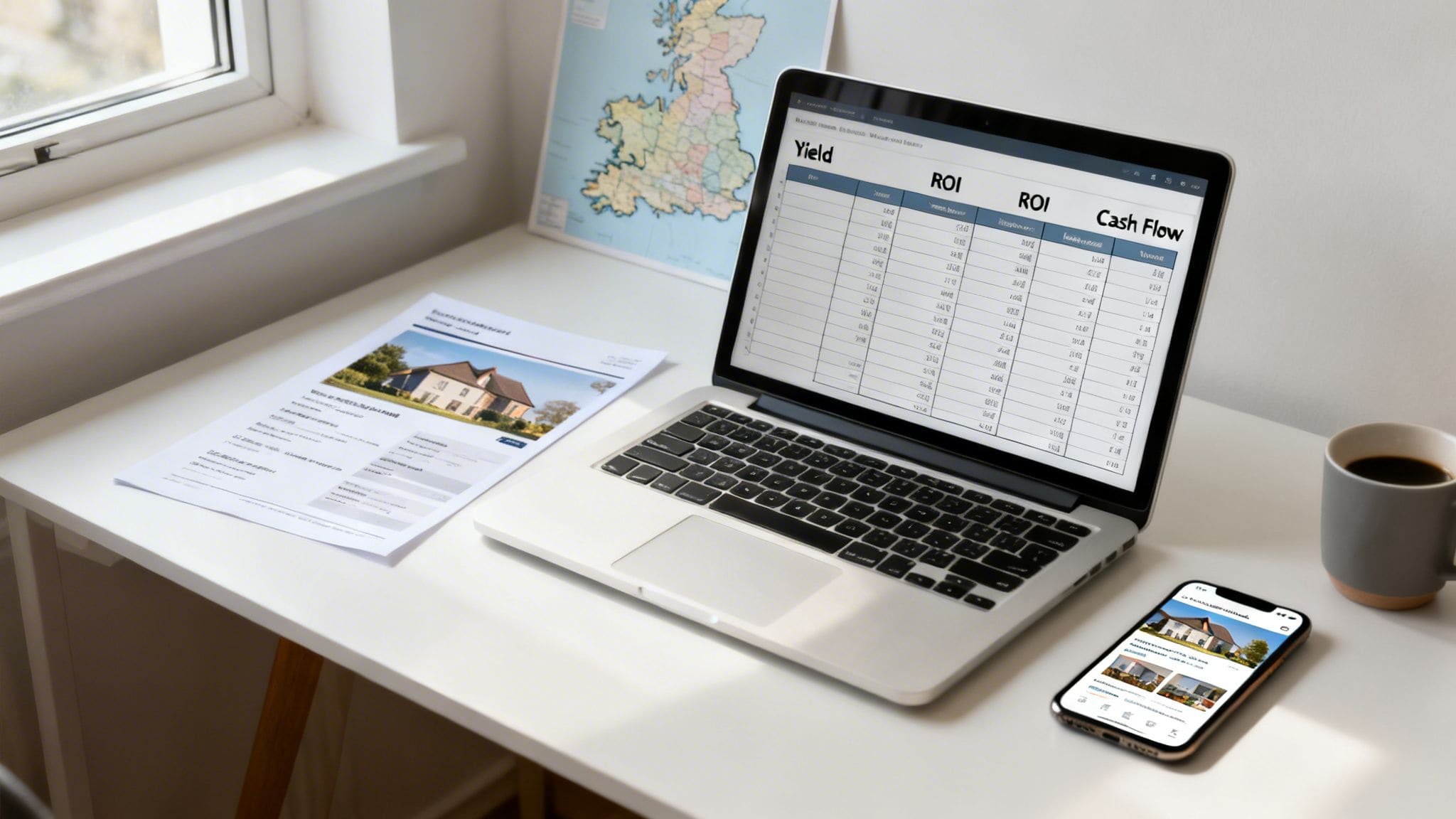 Professional property investor desk setup with laptop displaying deal analysis software, property brochure and smartphone app