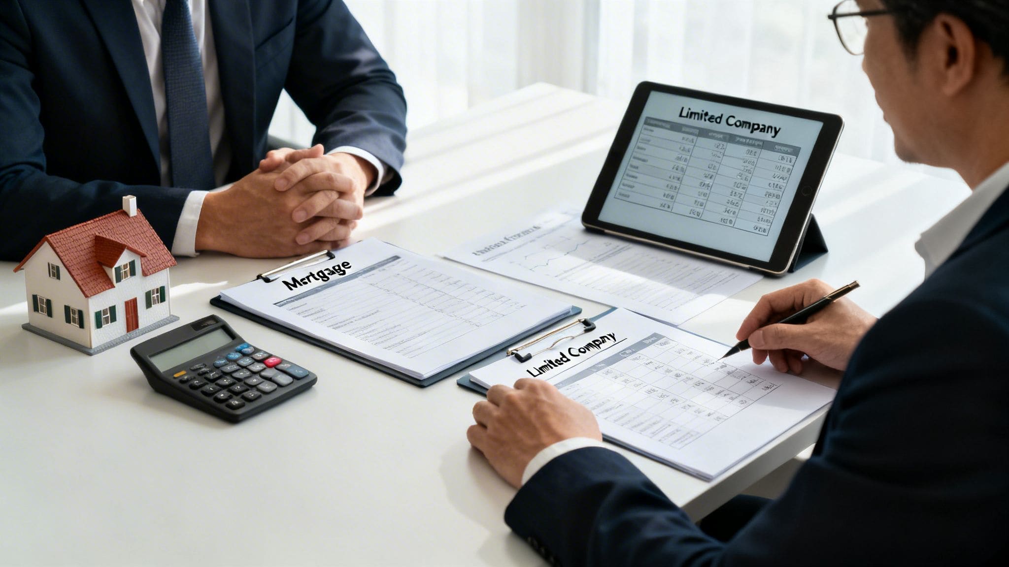 Two UK property investors reviewing mortgage documents and financial plans with model house and tablet on desk
