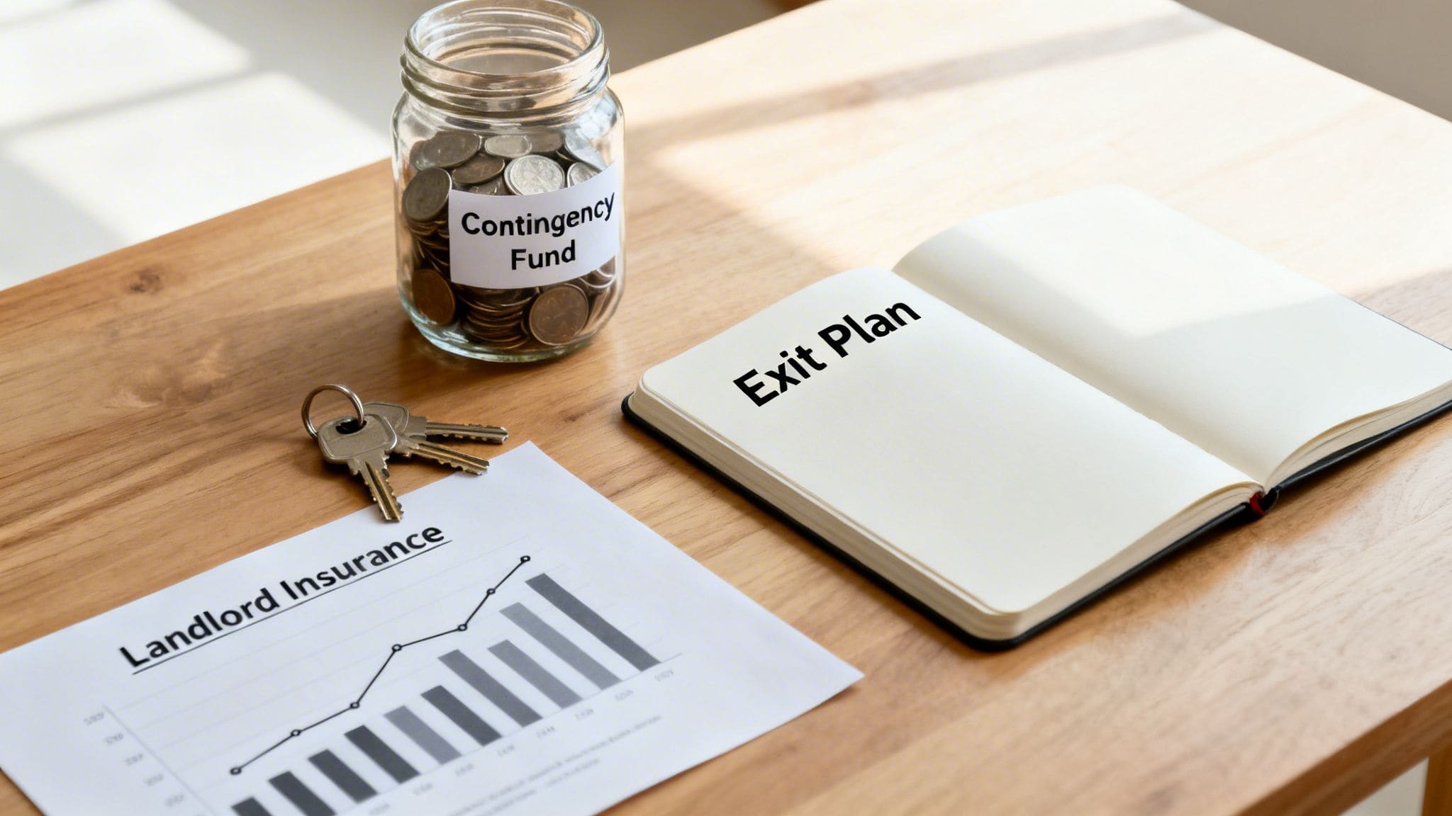 UK property investment risk management desk with keys, contingency fund calculator, landlord insurance documents and exit strategy notebook