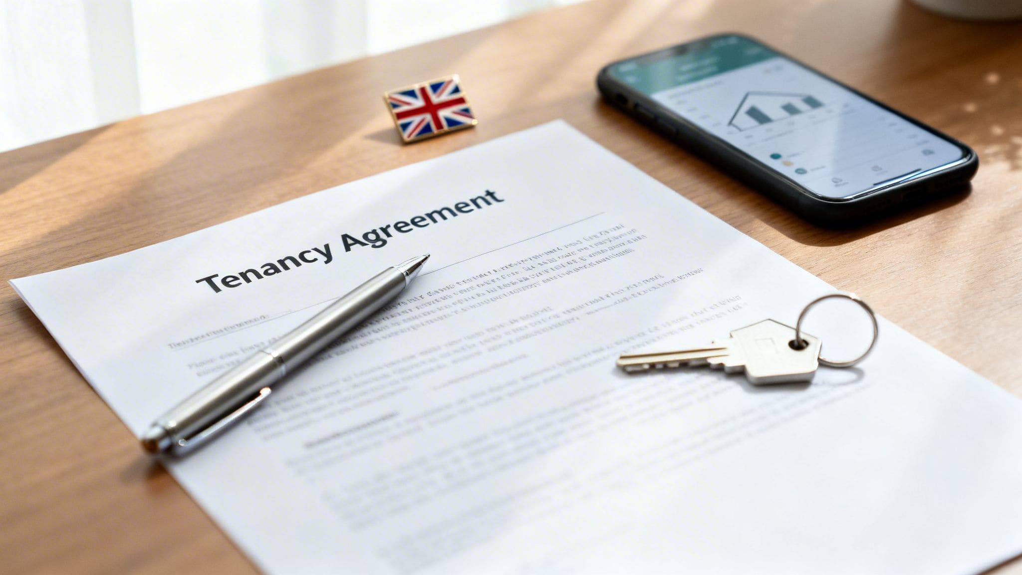 UK tenancy agreement document with pen, house keys, British flag pin and smartphone on wooden desk