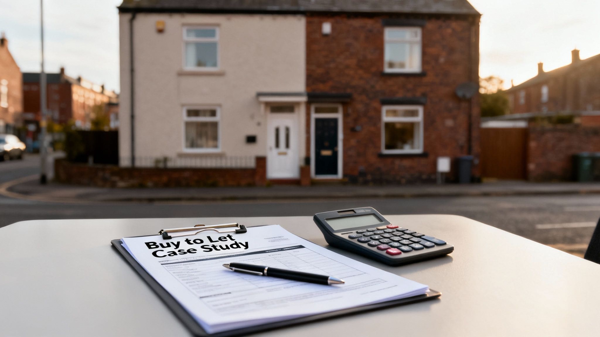 Financial documents showing rental cash flow analysis with calculator, coffee and pen on desk
