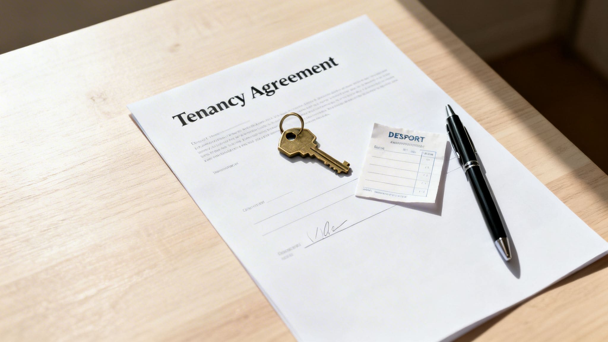 UK tenancy agreement document with house key, rental form and pen on wooden table for landlord and tenant signing