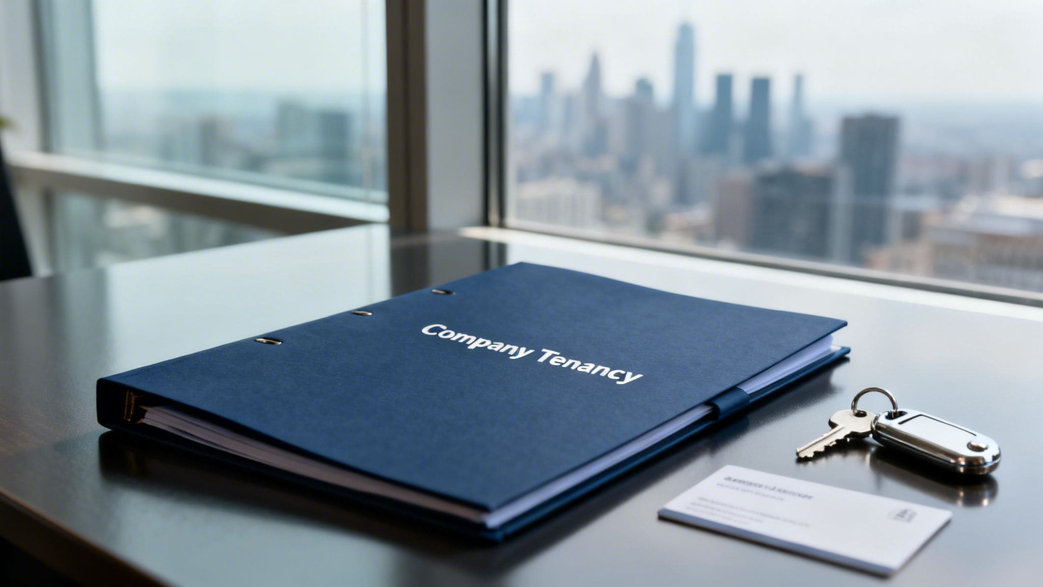 Blue company tenancy agreement binder on desk with keys and business card overlooking city skyline for corporate housing