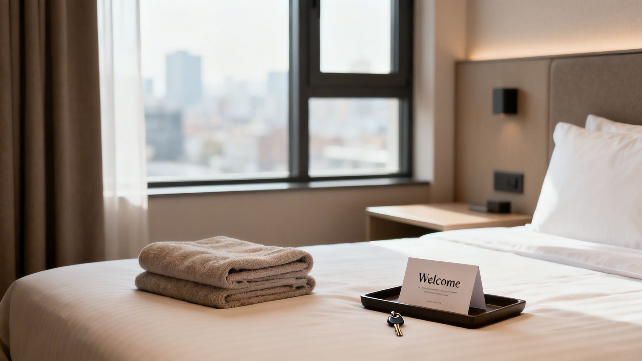 Clean serviced accommodation hotel room with neatly folded towels, welcome card and key on fresh white bed for short-term corporate lets