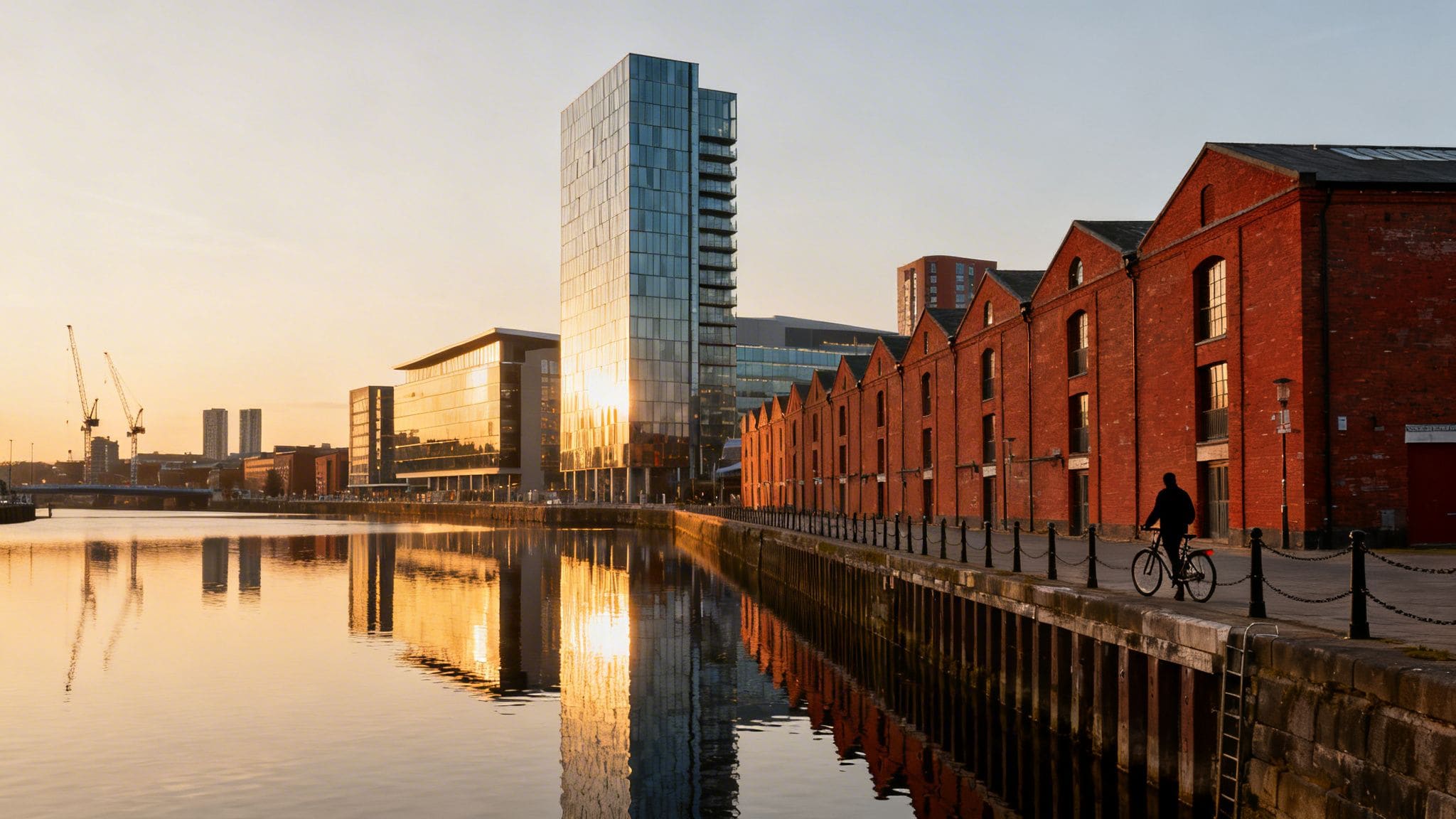 Manchester Salford Quays urban canal with modern glass buildings, historic brick warehouses and cyclist at golden hour for property investment