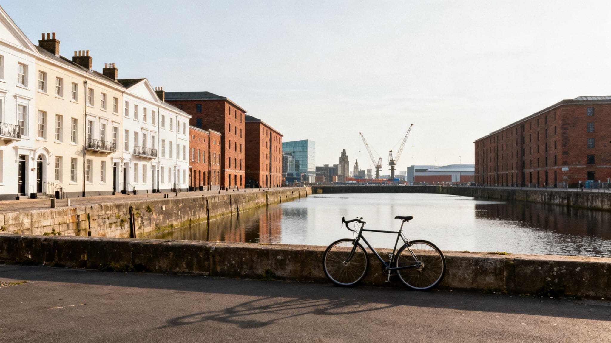 Liverpool dockside canal with bicycle, historic terraced houses, industrial buildings and city skyline for UK property investment
