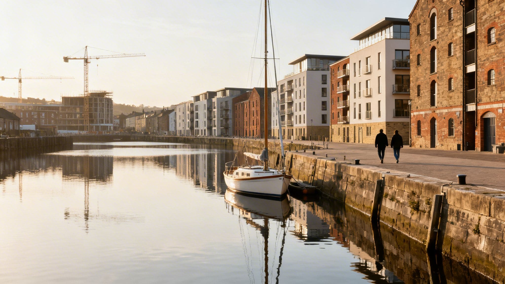 Bristol city harbor at golden hour with sailboat, reflections, historic brick buildings and pedestrians for property investment opportunities