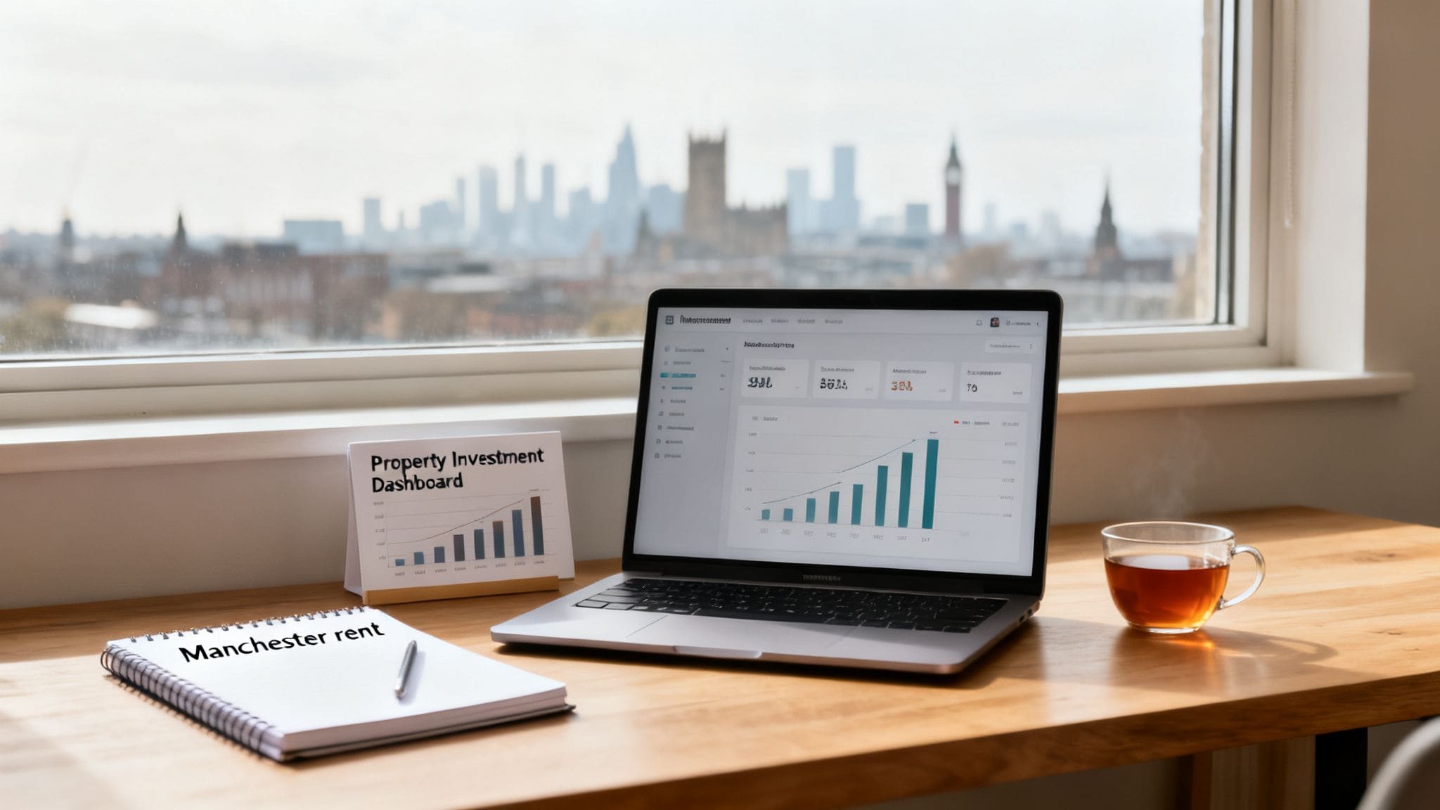 Desk with laptop displaying Manchester property investment dashboard, notebook and city skyline view for rental market analysis