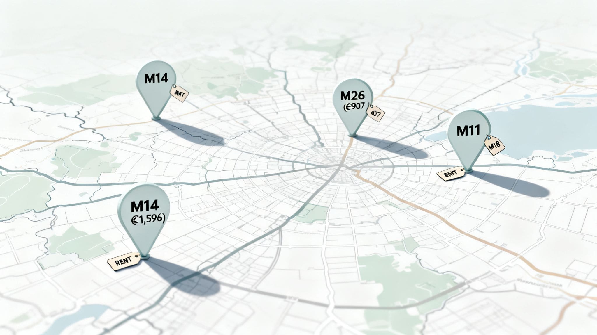 Detailed Manchester map with four location pins showing property identifiers and monthly rent figures for investment analysis