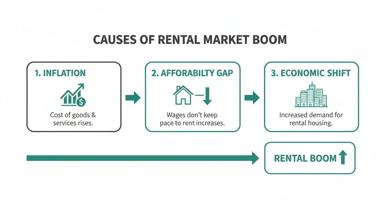 Flowchart showing Manchester rental boom causes: inflation pressure, housing affordability gap and economic migration driving rental demand