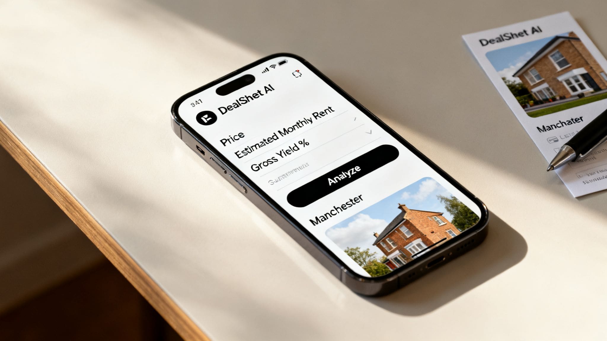 Smartphone displaying Manchester property analysis app with yield calculations and property details, alongside business card and pen