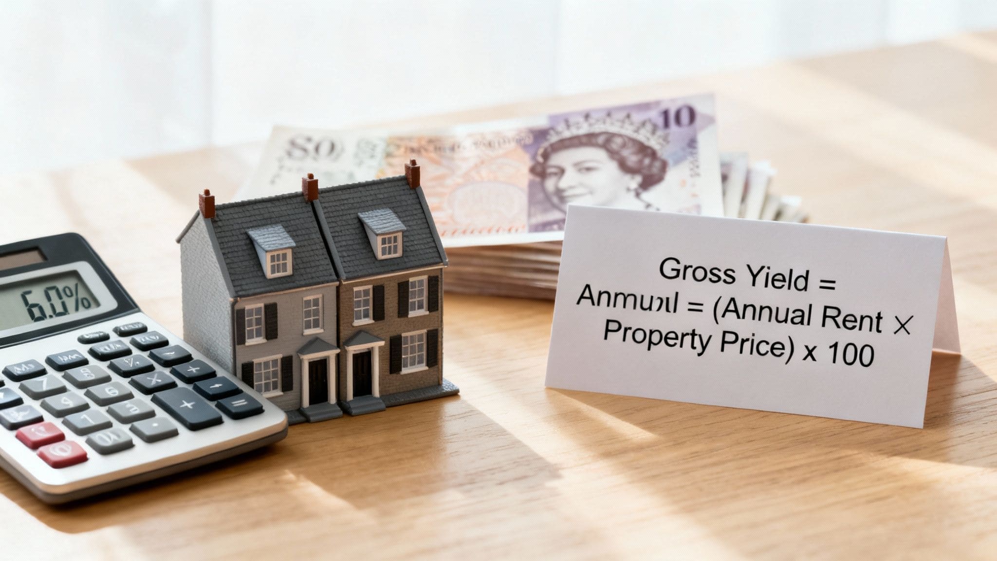 Net yield calculation document with pen, house keys and London Stamp Duty receipt on desk