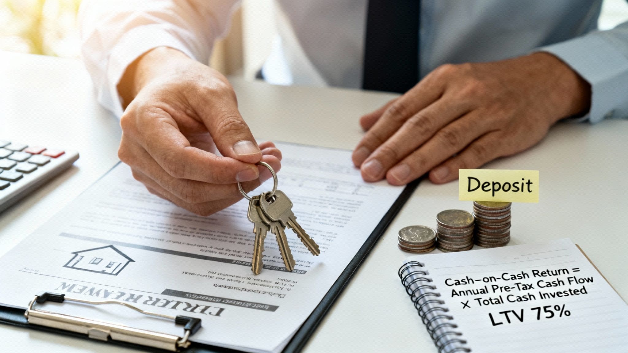 Professional property analysis workspace showing calculator, spreadsheets and financial documents for yield calculations